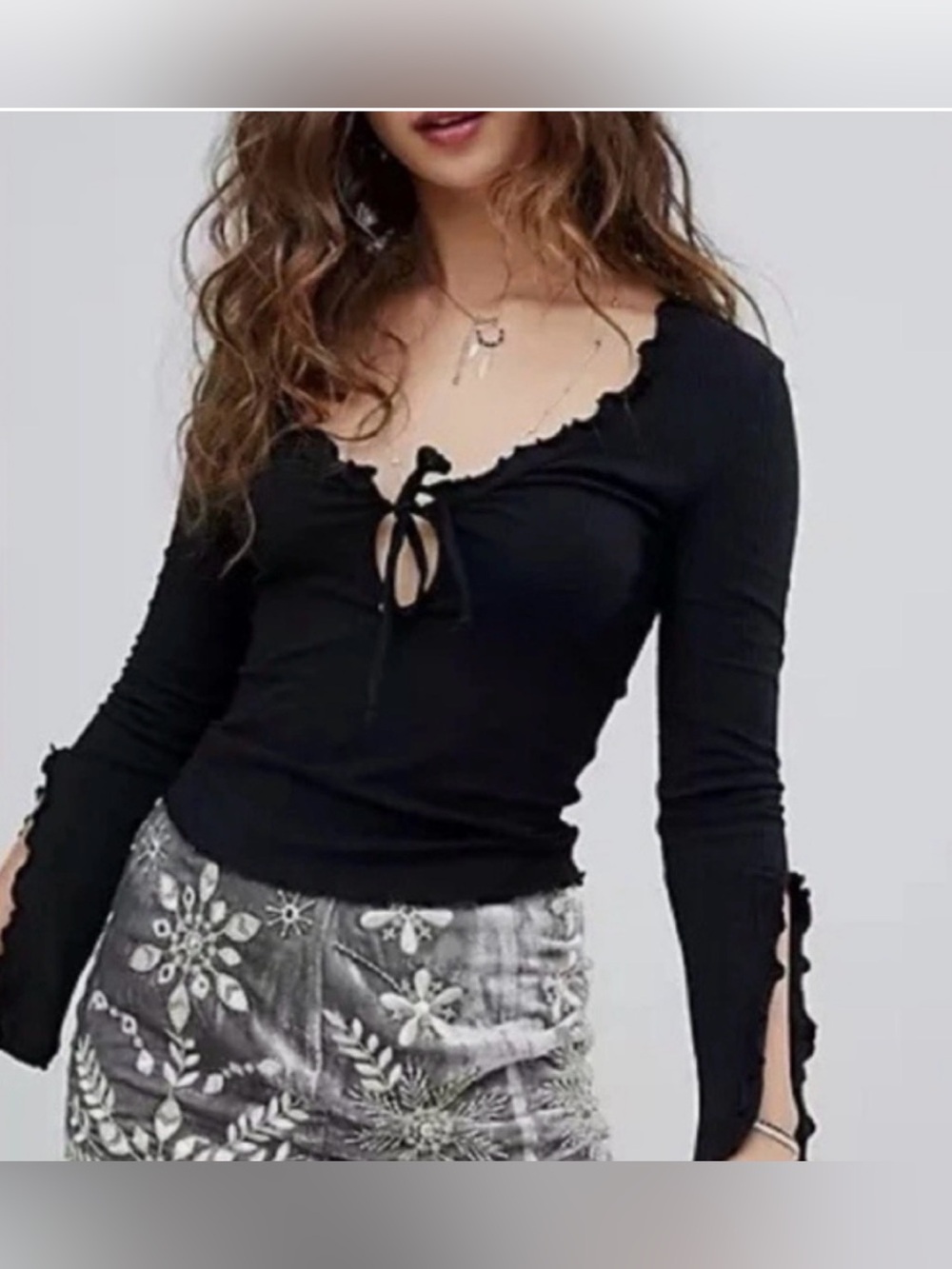 Intimately Free People Black Open Sleeve Tie Front Top